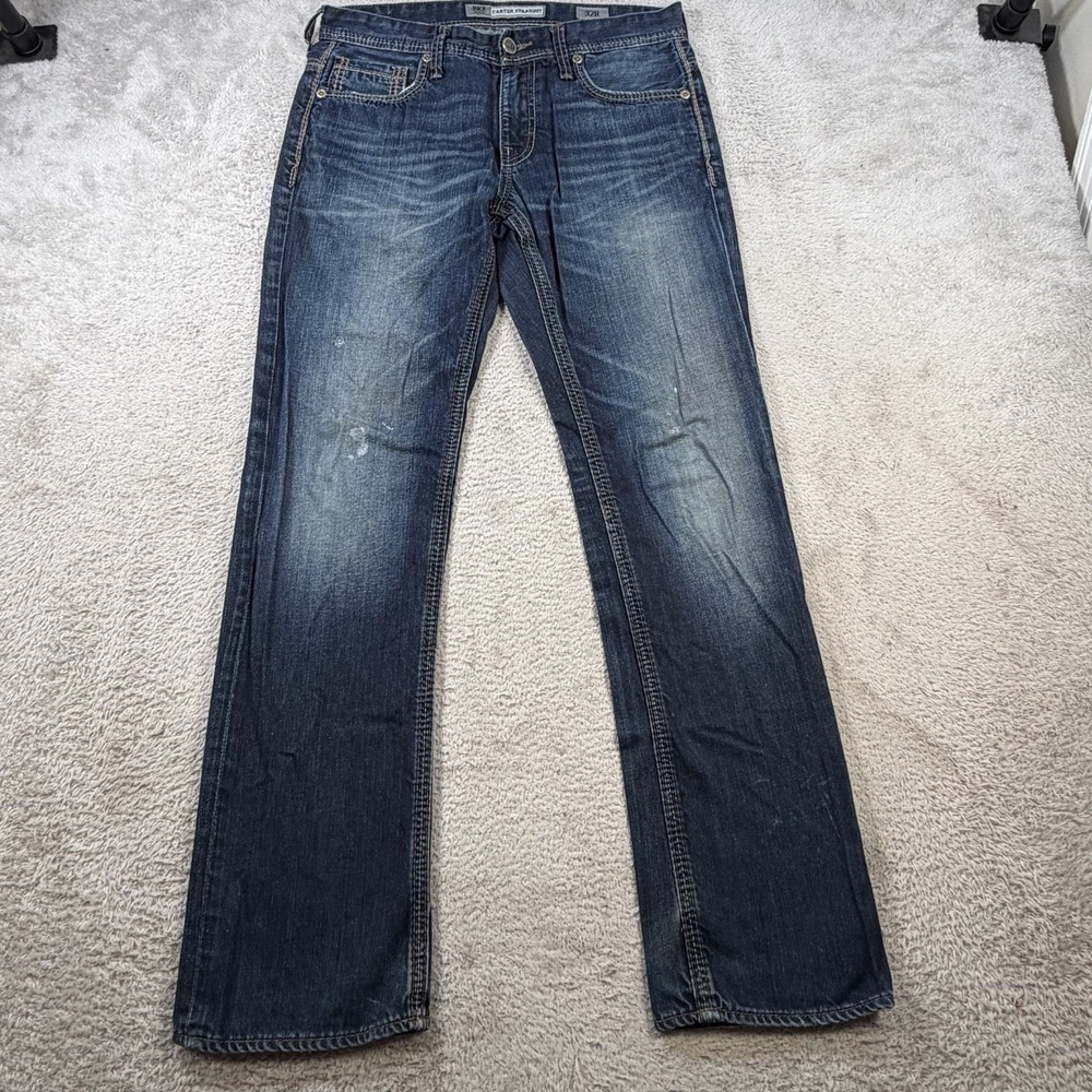 BKE Carter Straight Jeans Mens 32x32 Blue Faded Denim Casual Buckle Dark Wash